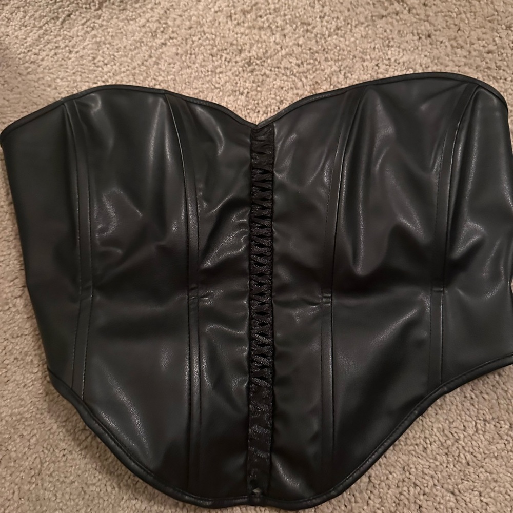 Strapless Black Faux Leather Corset Crop Top